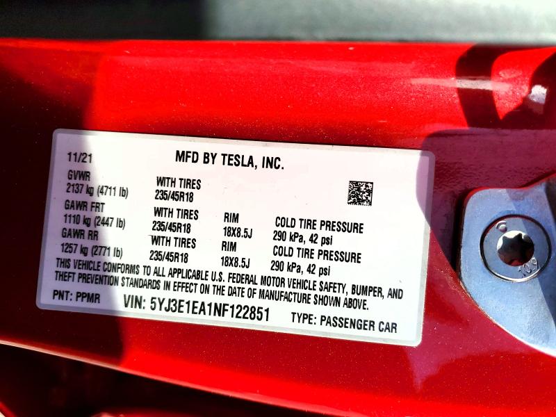 Продаж на аукціоні авто 2022 Tesla Model 3, vin: 5YJ3E1EA1NF122851, номер лоту: 53139576
