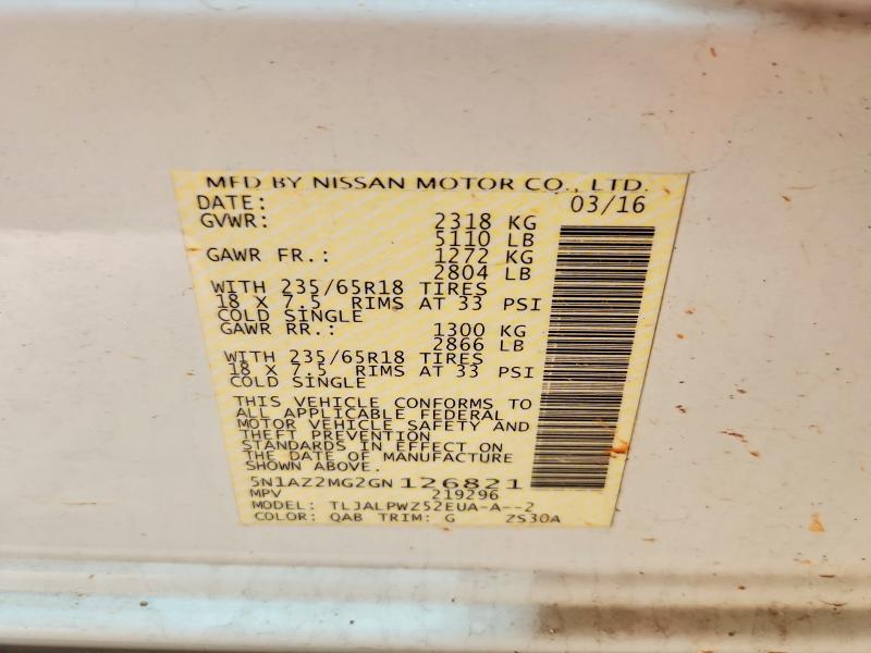 52448046 :رقم المزاد ، 5N1AZ2MG2GN126821 vin ، 2016 Nissan Murano مزاد بيع