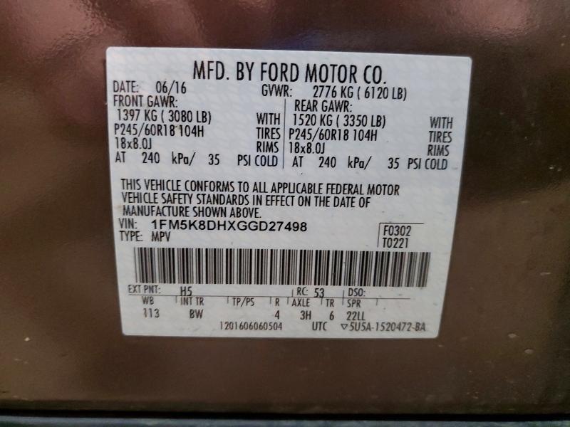 2016 Ford Explorer მანქანა იყიდება აუქციონზე, vin: 1FM5K8DHXGGD27498, აუქციონის ნომერი: 52604666