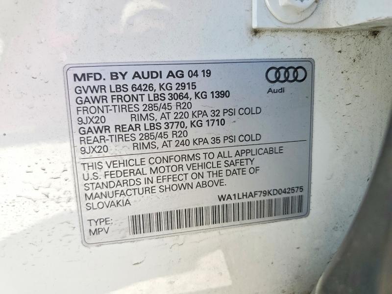 2019 Audi Q7 მანქანა იყიდება აუქციონზე, vin: WA1LHAF79KD042575, აუქციონის ნომერი: 52903076