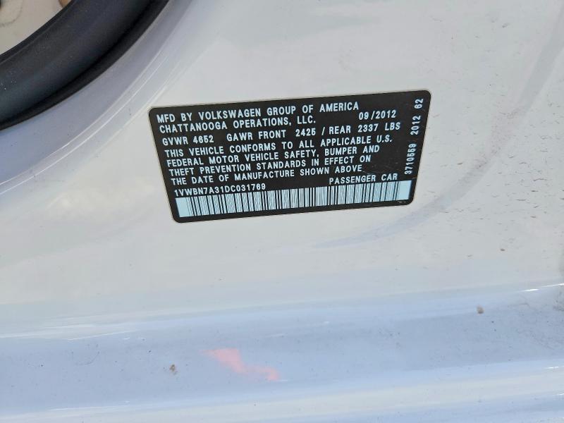 54181776 :رقم المزاد ، 1VWBN7A31DC031769 vin ، 2013 Volkswagen Passat مزاد بيع