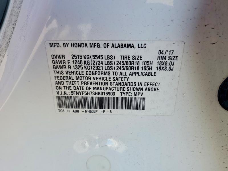 2017 Honda Pilot მანქანა იყიდება აუქციონზე, vin: 5FNYF5H73HB016903, აუქციონის ნომერი: 52921636