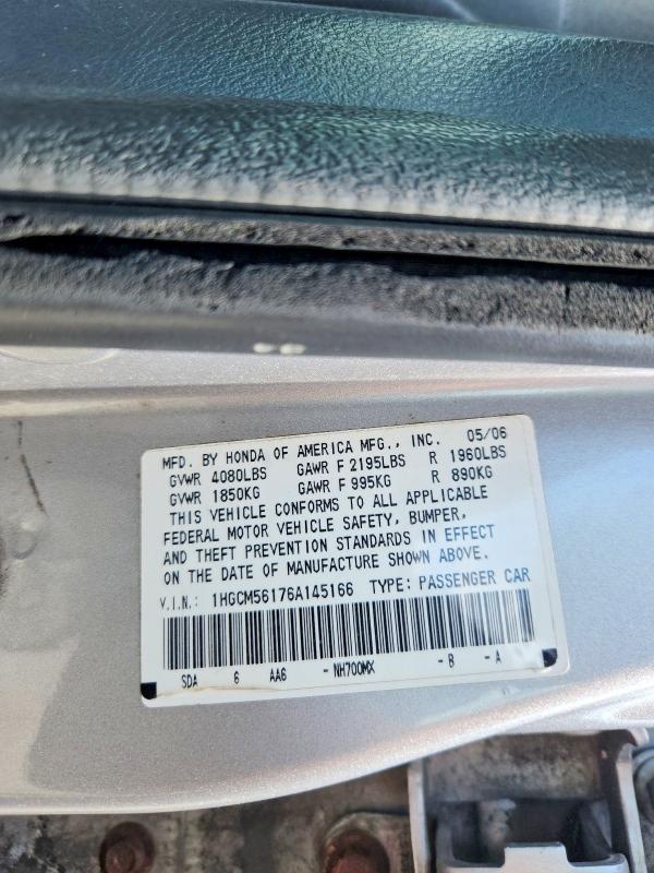 Продаж на аукціоні авто 2006 Honda Accord, vin: 1HGCM56176A145166, номер лоту: 53943486