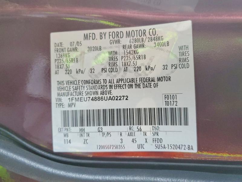 52241706 :رقم المزاد ، 1FMEU74886UA02272 vin ، 2006 Ford Explorer مزاد بيع