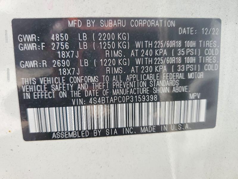 Aukcja sprzedaży 2023 Subaru Outback, vin: 4S4BTAPC0P3159398, numer aukcji: 55043026