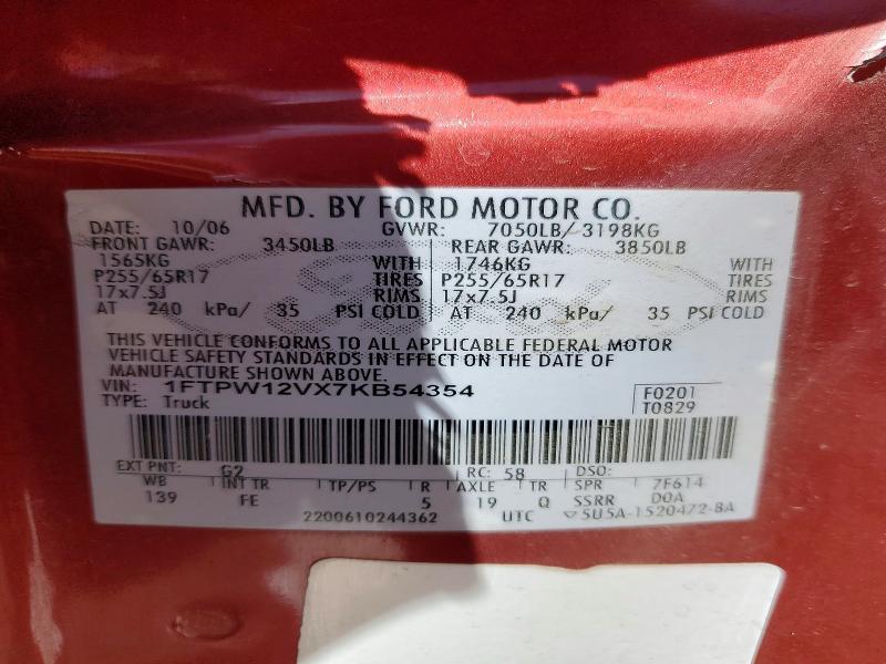 55619306 :رقم المزاد ، 1FTPW12VX7KB54354 vin ، 2007 Ford F150 مزاد بيع