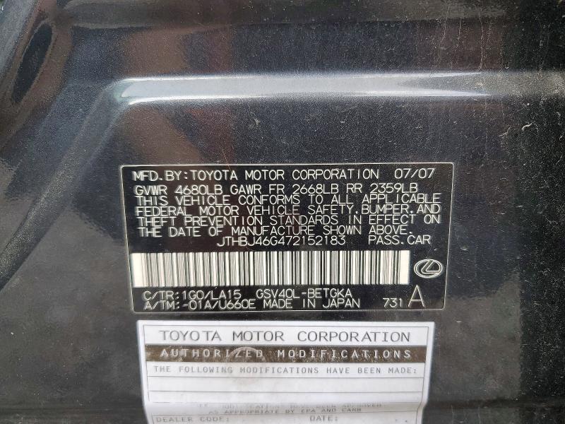 Aukcja sprzedaży 2007 Lexus Es, vin: JTHBJ46G472152183, numer aukcji: 54729156