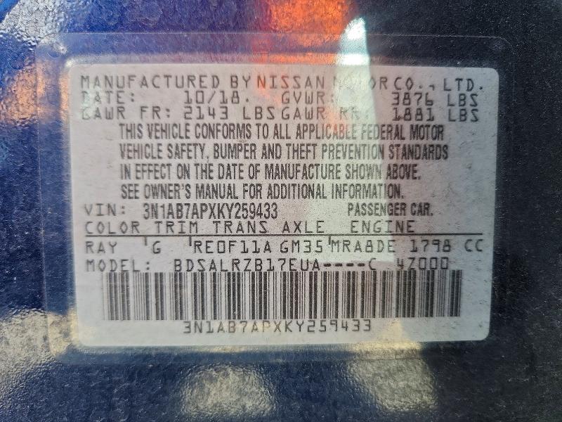 54832406 :رقم المزاد ، 3N1AB7APXKY259433 vin ، 2019 Nissan Sentra مزاد بيع