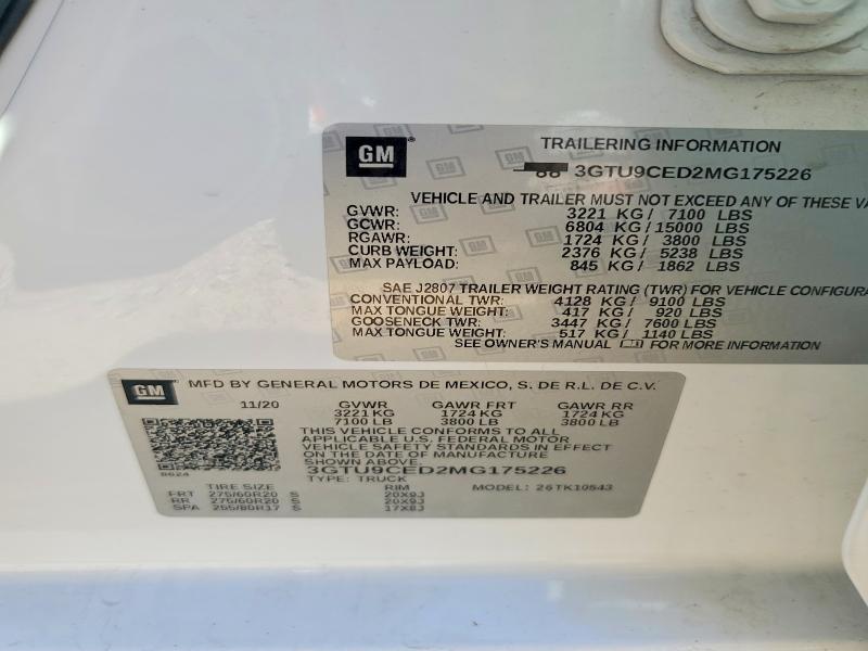 Aukcja sprzedaży 2021 Gmc Sierra, vin: 3GTU9CED2MG175226, numer aukcji: 51768966