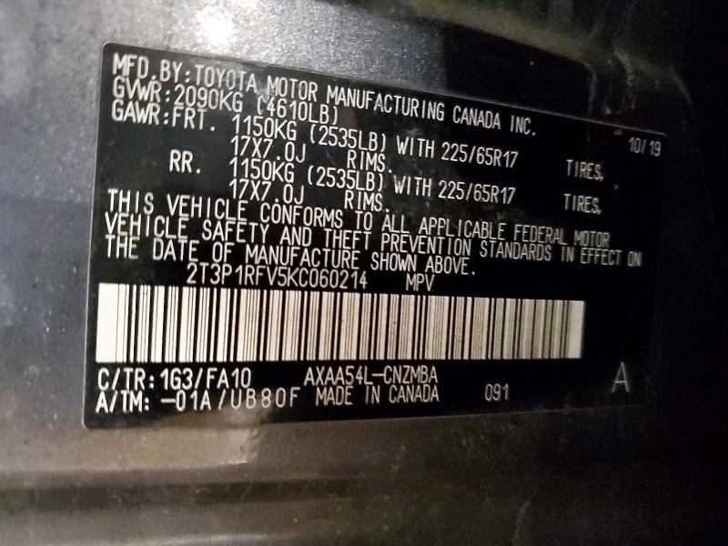 53938326 :رقم المزاد ، 2T3P1RFV5KC060214 vin ، 2019 Toyota Rav4 مزاد بيع
