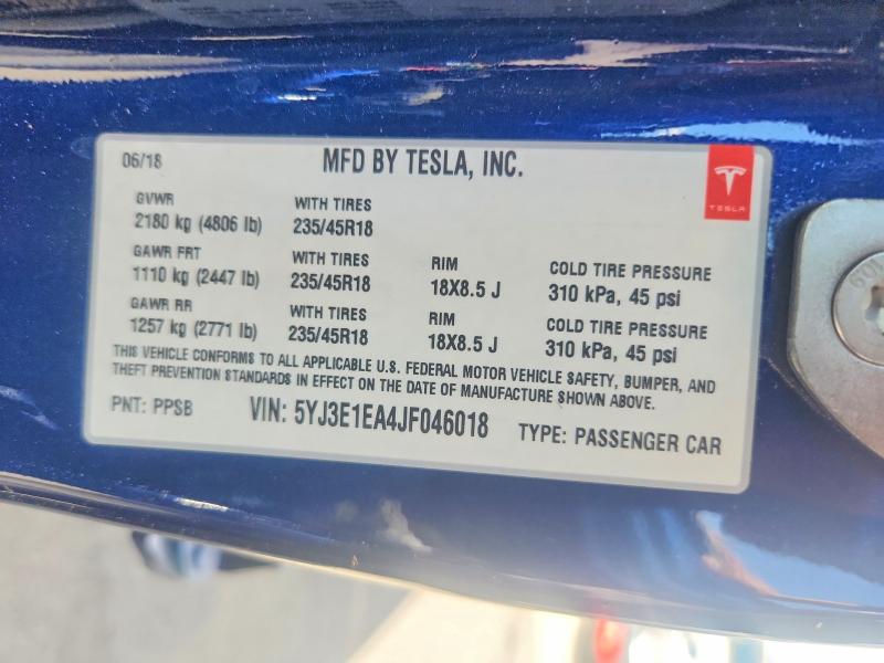 Продаж на аукціоні авто 2018 Tesla Model 3, vin: 5YJ3E1EA4JF046018, номер лоту: 52063786