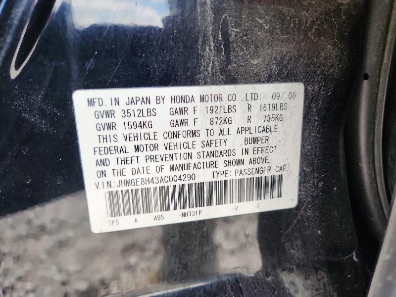 54913356 :رقم المزاد ، JHMGE8H43AC004290 vin ، 2010 Honda Fit مزاد بيع