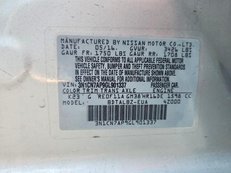 Продажа на аукционе авто 2016 Nissan Versa, vin: 3N1CN7AP9GL901337, номер лота: 53229536