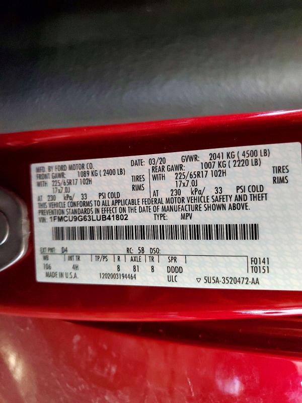 Aukcja sprzedaży 2020 Ford Escape, vin: 1FMCU9G63LUB41802, numer aukcji: 55159106