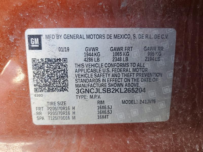 Aukcja sprzedaży 2019 Chevrolet Trax, vin: 3GNCJLSB2KL265204, numer aukcji: 55381436