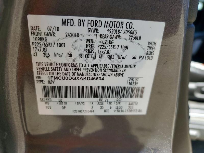 54091136 :رقم المزاد ، 1FMCU0DGXAKD46504 vin ، 2010 Ford Escape مزاد بيع