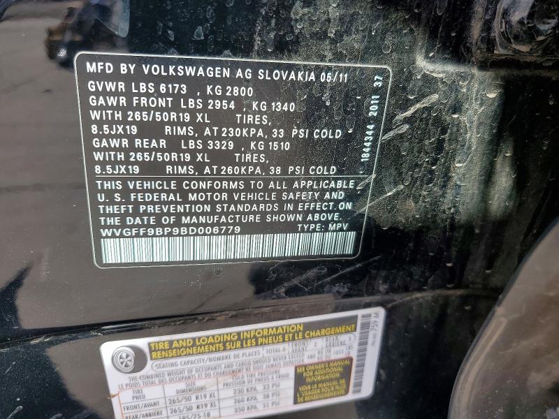 2011 Volkswagen Touareg მანქანა იყიდება აუქციონზე, vin: WVGFF9BP9BD006779, აუქციონის ნომერი: 54816426