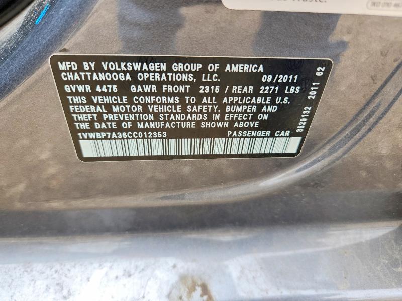2012 Volkswagen Passat მანქანა იყიდება აუქციონზე, vin: 1VWBP7A36CC012353, აუქციონის ნომერი: 54095256