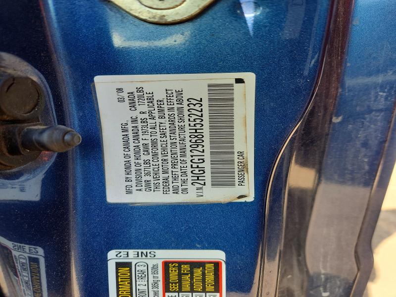 2008 Honda Civic მანქანა იყიდება აუქციონზე, vin: 2HGFG12968H552232, აუქციონის ნომერი: 53578986