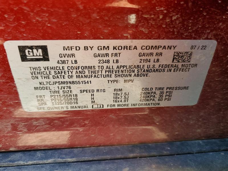 2022 Chevrolet Trax მანქანა იყიდება აუქციონზე, vin: KL7CJPSM9NB551541, აუქციონის ნომერი: 52867376