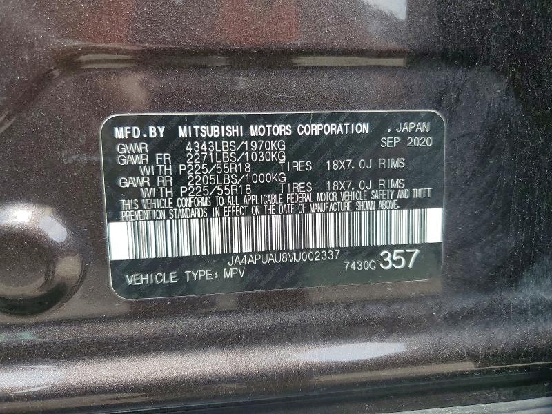 54919076 :رقم المزاد ، JA4APUAU8MU002337 vin ، 2021 Mitsubishi Outlander Sport مزاد بيع