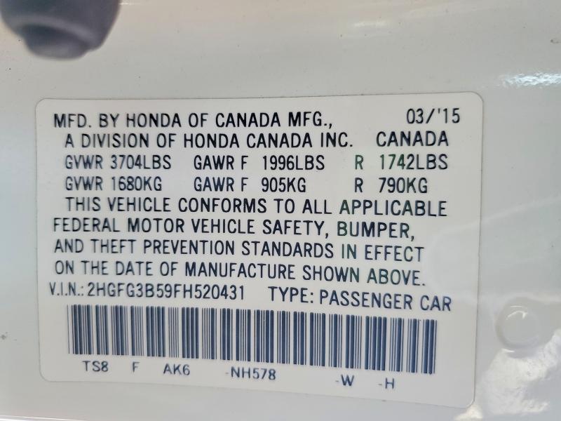 Продаж на аукціоні авто 2015 Honda Civic, vin: 2HGFG3B59FH520431, номер лоту: 52498496