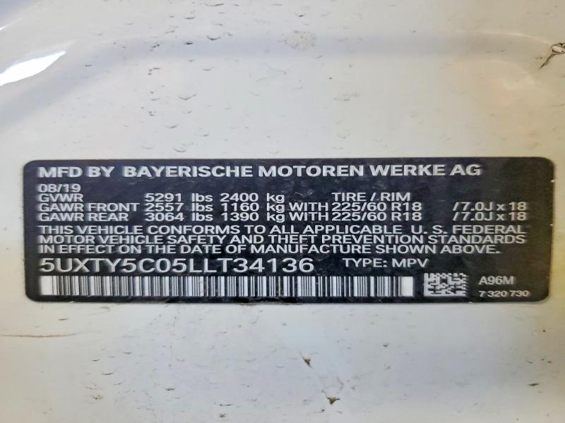 52151796 :رقم المزاد ، 5UXTY5C05LLT34136 vin ، 2020 Bmw X3 مزاد بيع