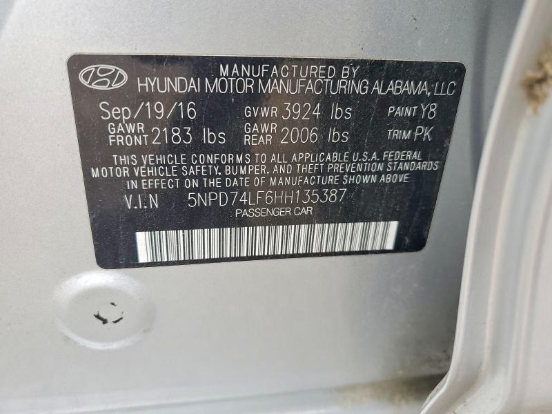 54153316 :رقم المزاد ، 5NPD74LF6HH135387 vin ، 2017 Hyundai Elantra مزاد بيع