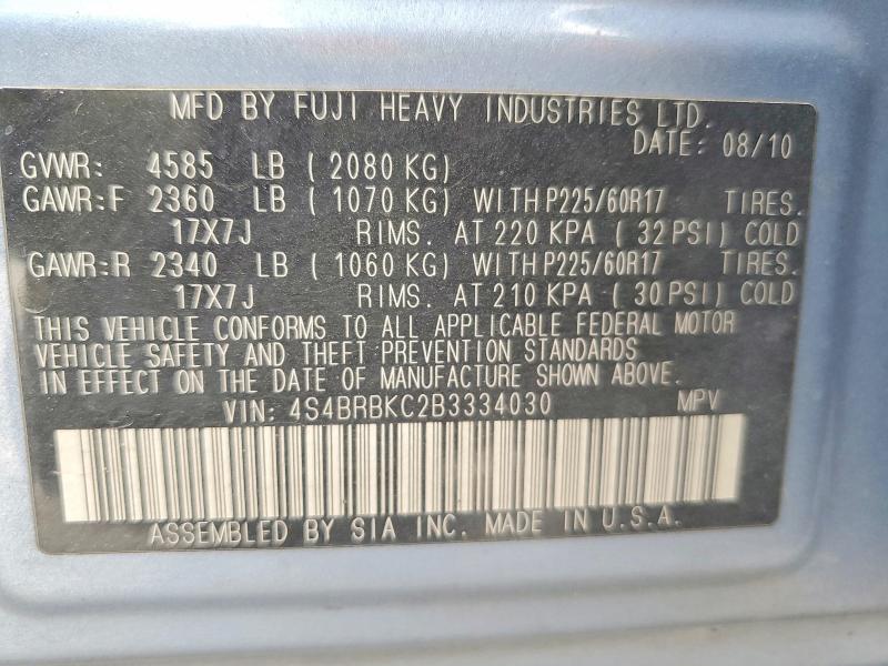 52041886 :رقم المزاد ، 4S4BRBKC2B3334030 vin ، 2011 Subaru Outback مزاد بيع
