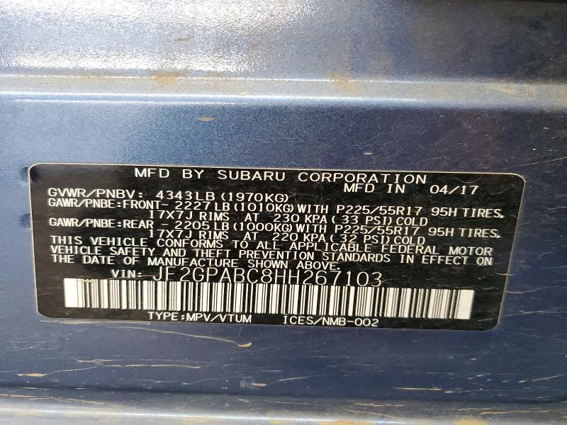 2017 Subaru Crosstrek მანქანა იყიდება აუქციონზე, vin: JF2GPABC8HH267103, აუქციონის ნომერი: 53007726