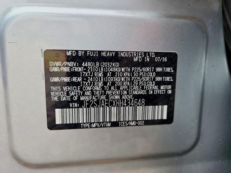 54475696 :رقم المزاد ، JF2SJAECXHH434648 vin ، 2017 Subaru Forester مزاد بيع
