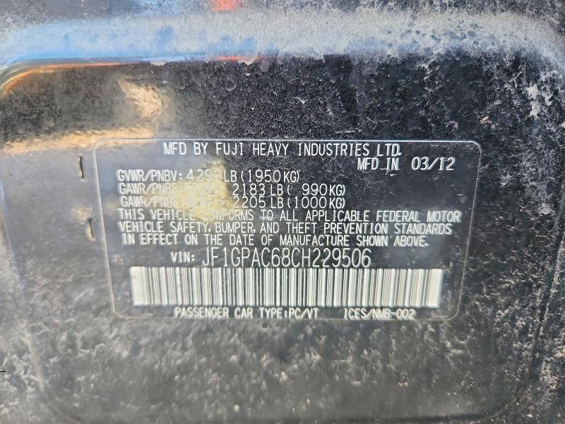 51882186 :رقم المزاد ، JF1GPAC68CH229506 vin ، 2012 Subaru Impreza مزاد بيع