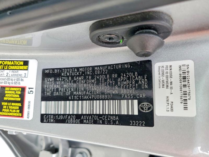 52523026 :رقم المزاد ، 4T1C11AK4PU088937 vin ، 2023 Toyota Camry مزاد بيع