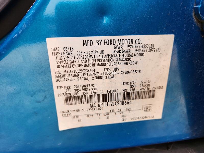 52540606 :رقم المزاد ، MAJ6P1UL2JC238664 vin ، 2018 Ford Ecosport مزاد بيع