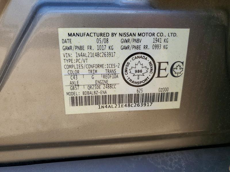 2008 Nissan Altima მანქანა იყიდება აუქციონზე, vin: 1N4AL21E48C263917, აუქციონის ნომერი: 54908586