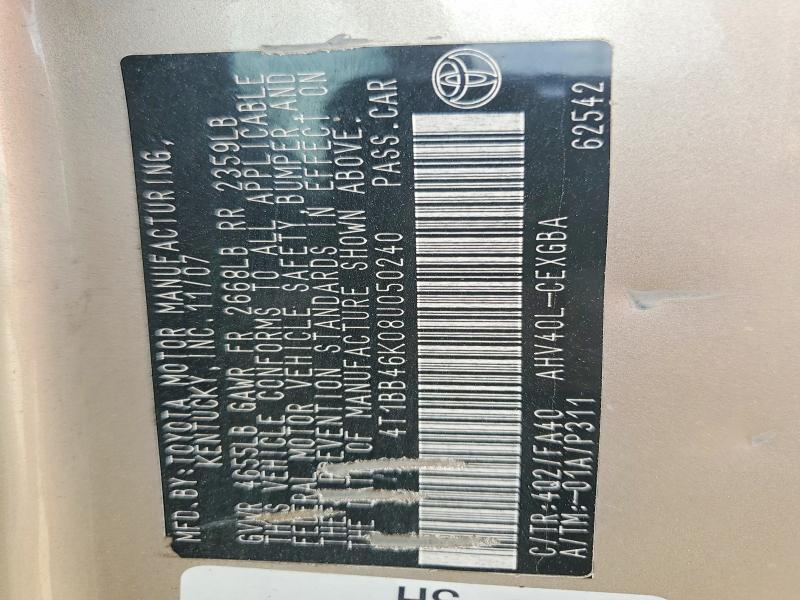 55040736 :رقم المزاد ، 4T1BB46K08U050240 vin ، 2008 Toyota Camry مزاد بيع