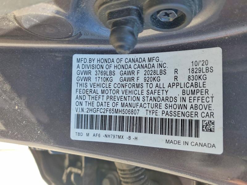 Продажа на аукционе авто 2021 Honda Civic, vin: 2HGFC2F65MH506807, номер лота: 53703946
