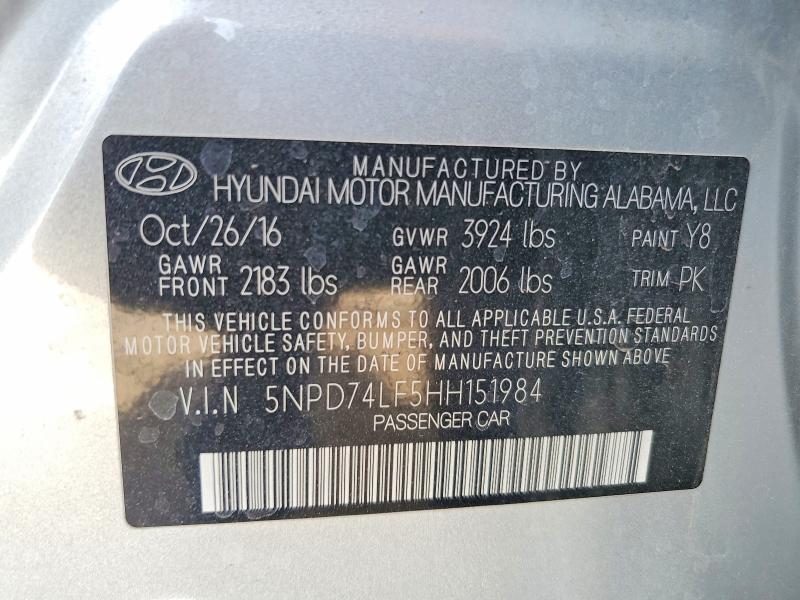 Продажа на аукционе авто 2017 Hyundai Elantra, vin: 5NPD74LF5HH151984, номер лота: 53575336