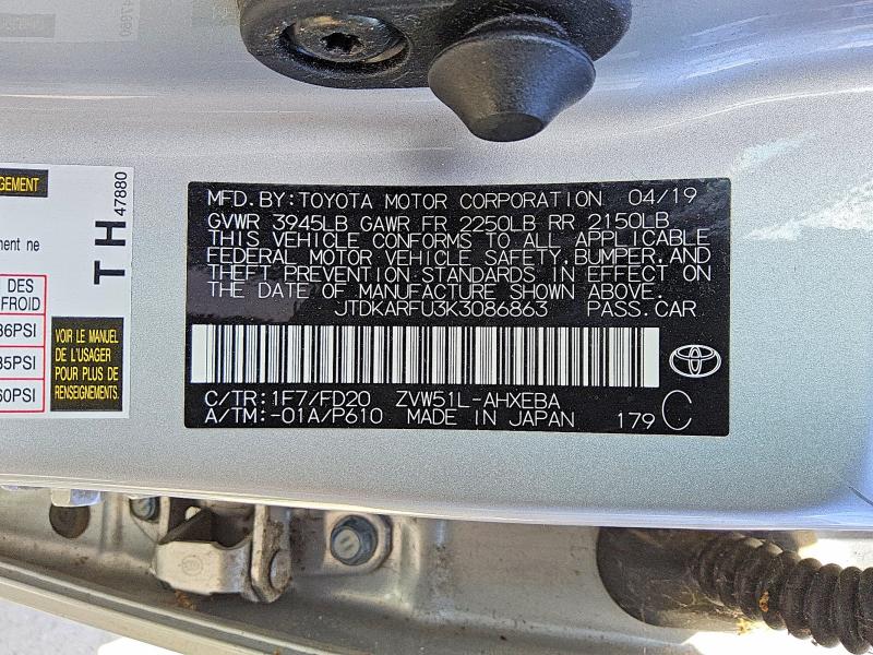 54596326 :رقم المزاد ، JTDKARFU3K3086863 vin ، 2019 Toyota Prius مزاد بيع