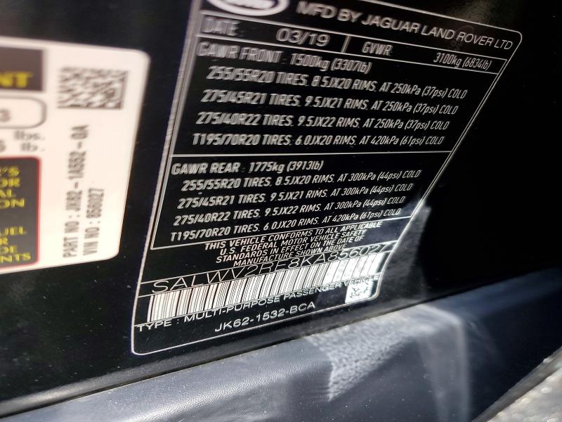 Aukcja sprzedaży 2019 Land Rover Range Rover Sport, vin: SALWV2RE8KA856027, numer aukcji: 52721616