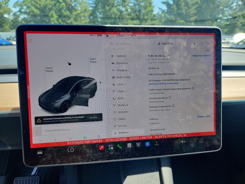 2021 Tesla Model Y მანქანა იყიდება აუქციონზე, vin: 5YJYGAEE7MF136626, აუქციონის ნომერი: 54597046