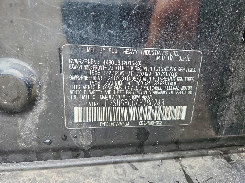52070186 :رقم المزاد ، JF2SH6BC0AH780243 vin ، 2010 Subaru Forester مزاد بيع