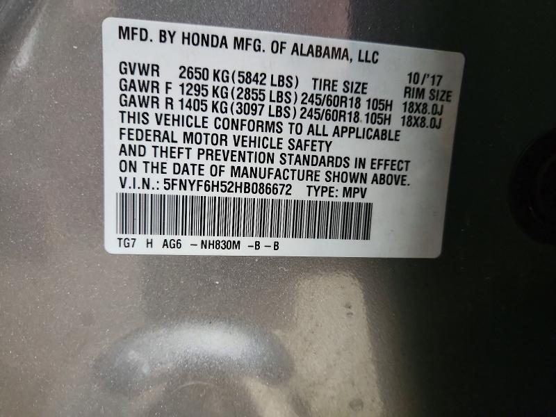 52947946 :رقم المزاد ، 5FNYF6H52HB086672 vin ، 2017 Honda Pilot مزاد بيع