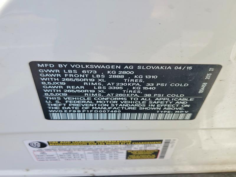 52318746 :رقم المزاد ، WVGEF9BP1FD007460 vin ، 2015 Volkswagen Touareg مزاد بيع