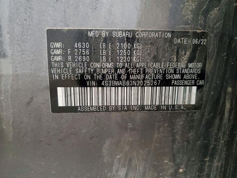 53805856 :رقم المزاد ، 4S3BWAB63N3025267 vin ، 2022 Subaru Legacy مزاد بيع