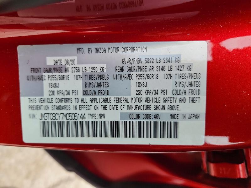 2021 Mazda Cx-9 მანქანა იყიდება აუქციონზე, vin: JM3TCBCY7M0505144, აუქციონის ნომერი: 52597826