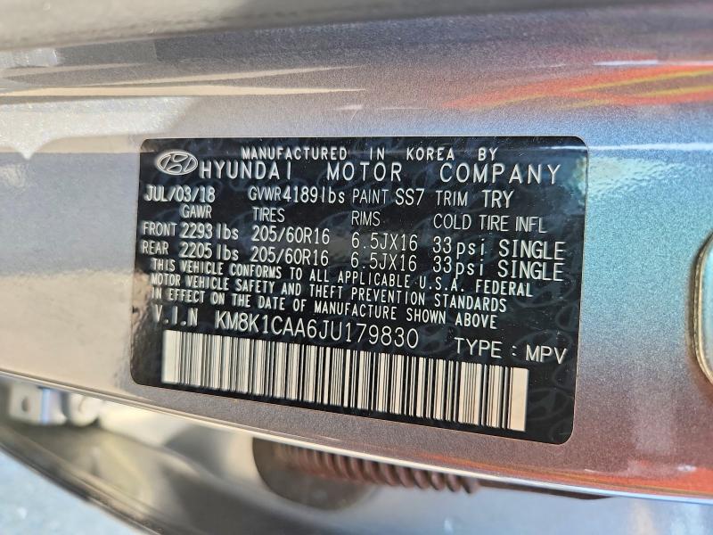 54342046 :رقم المزاد ، KM8K1CAA6JU179830 vin ، 2018 Hyundai Kona مزاد بيع