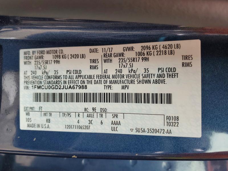 Aukcja sprzedaży 2018 Ford Escape, vin: 1FMCU0GD2JUA67988, numer aukcji: 52343866