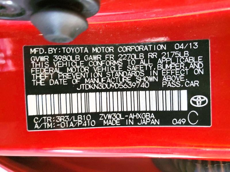 52098676 :رقم المزاد ، JTDKN3DU9D5639740 vin ، 2013 Toyota Prius مزاد بيع