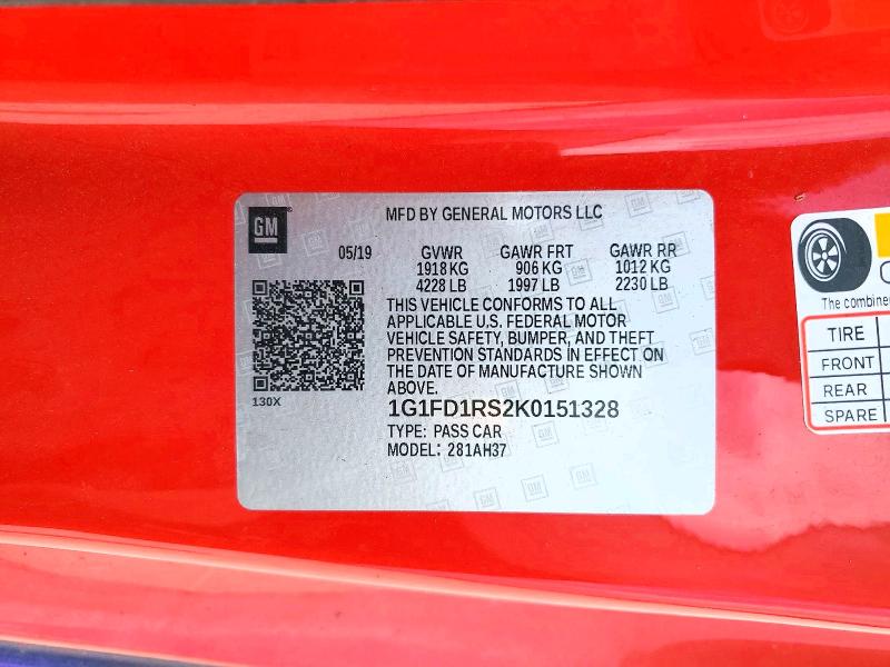 Продажа на аукционе авто 2019 Chevrolet Camaro, vin: 1G1FD1RS2K0151328, номер лота: 54087356